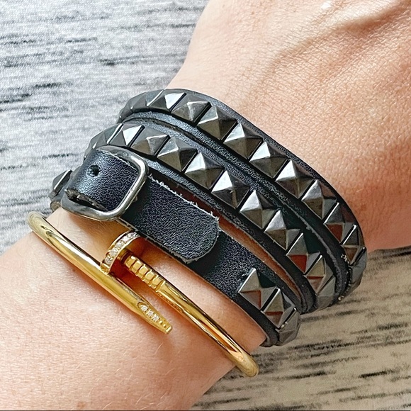 Accessories Metal Studded Detail Soft Genuine Leather Wrap Bracelet